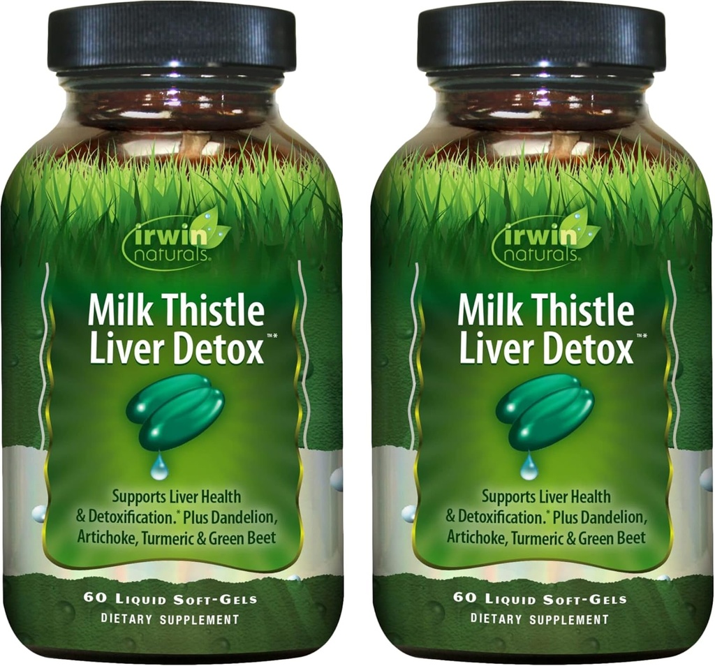 Irwin Naturals Milk Thistle Liver Detox - 60 Liquid Soft-Gels, Pack of 2 - Apoya Liver Health with Dandelion, Artichoke, Turmeric & Green Beet Root - 60 Total Servings