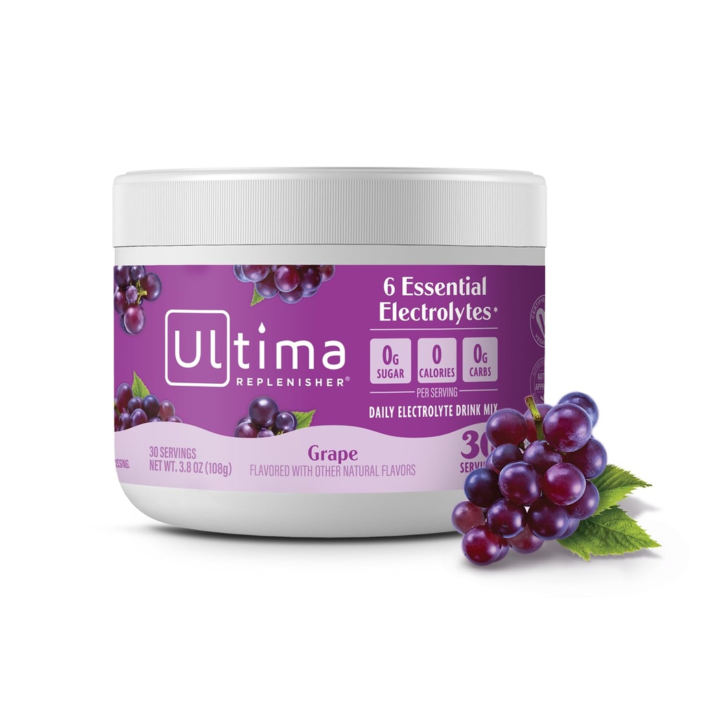 Ultima Replenisher Daily Electrolyte Powder Drink Mix – Sugar Free – Grape, 30 Servings – Hydration Powder con 6 Key Electrolytes y Trace Minerals – Keto Friendly, Vegan, Non-GMO