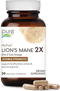 PURE ESSENCE LABS MyPure Lion's Mane 2X - Double Strength Brain Support Suplemento con 100% Organic Fruiting Body Lion's Mane for Cognitive Health, Focus, Memory & Mental Clarity, 60 cápsulas