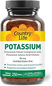 Potasio de vida del país 99 mg Tabletas - Chelated for Enhanced Absorption, Supports Neuromuscular Function &amp; Electrolyte Balance, Certified Gluten Free, Vegan, Kosher, 250 Tablets