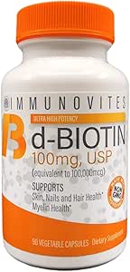 IMMUNOVITES High Dose Biotin (como d-Biotin, USP) 100mg (Equivalente a 100.000mcg) 90 cápsulas, alta potencia
