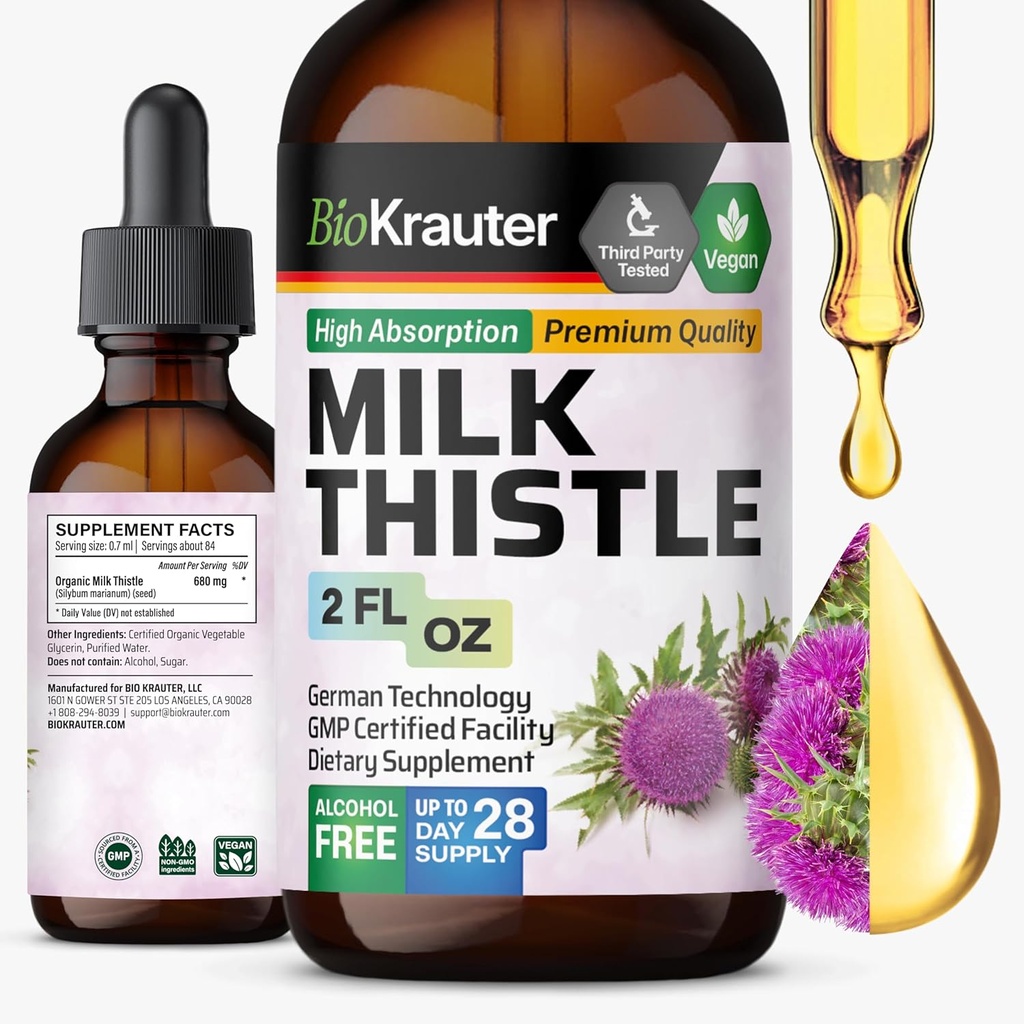 BIO KRAUTER Milk Thistle Liquid Drops - Milk Thistle Silymarin Liver Support Supplement - Alcohol &amp; Sugar Free Tintura for Liver Cleanse Detox - 2 Fl. Oz.