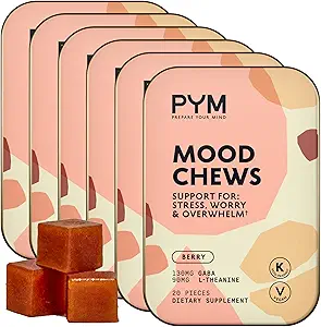 PYM Berry Mood Chews Support for Stress, Worry & Overwhelm, 120 Count tención 130mg GABA, 90mg L-Theanine ← Vegan, Non-GMO, Gluten-Free, No Añadido Sugar ← All-Natural Mood Balance Supplement Made in USA