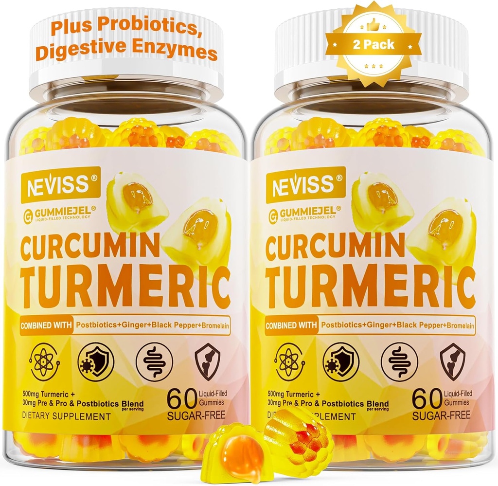 Curcumina de turquía libre de azúcar Gummies llenas 550 mg para adultos, jengibre " Black Pepper TENIDO 95% Curcuminoides w/Prebiótico Probiótico " Blend postbiótico, soporte, Immune " Digestive Health, Vegan, 2Pack