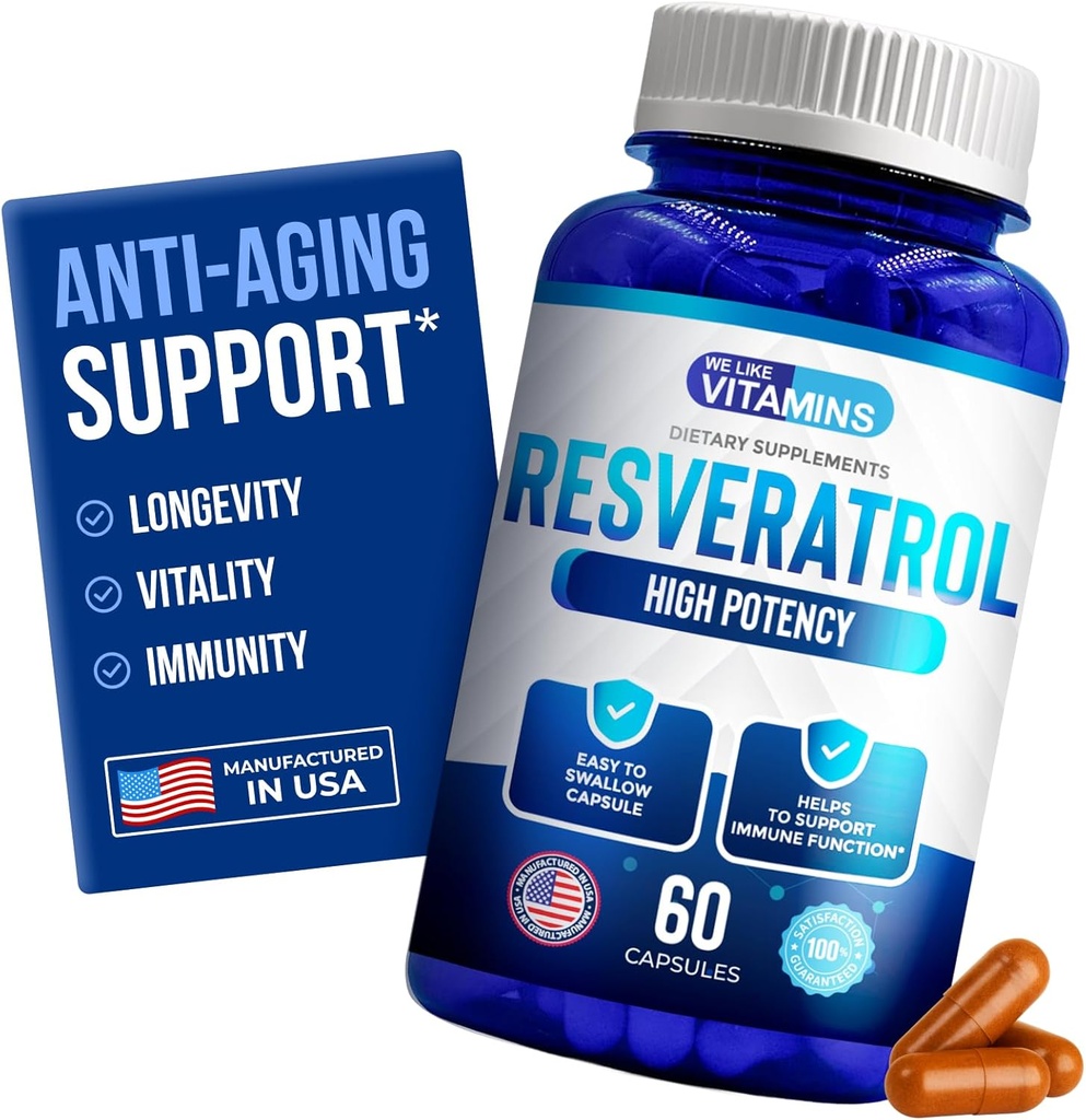 Nos gusta vitaminas Resveratrol 1000mg por servicio - 60 cápsulas de verduras fáciles de absorber - Suplemento de Resveratrol natural 1000mg - Suplementos antioxidantes Ayuda Apoyo Sistema de Inmunidad