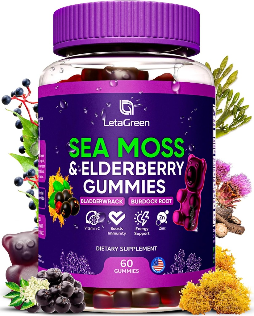 Irlandés Moss Gummies – Bladderwrack Burdock Root Elderberry Vitamin C & Zinc – 60 Vegan Seamoss Gummy Bears for Adultos Niños Mujeres – Multimineral Elderberry Vitaminas