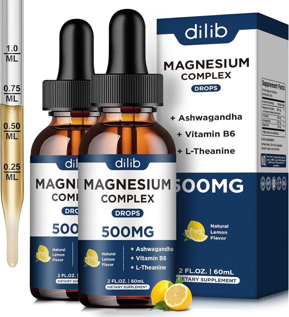 (2 Pack) Magnesium Glycinate, Citrate, Malate Liquid Drops-Triple Magnesium Complex Suplemento 500mg con Ashwagandha, L-Theanine, Vitamina B6-Support Calm, Stress Relief, Sleep, Muscle-Lemon Flavor