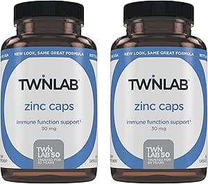 Twinlab Zinc Caps - Immune Support Supplement - Zinc Picolinate & Gluconate - Suplemento de Defensa Inmunitaria, Esquí sano, Síntesis de ADN, Metabolismo y Crecimiento - 30mg, 100 Caps - 2 Pack