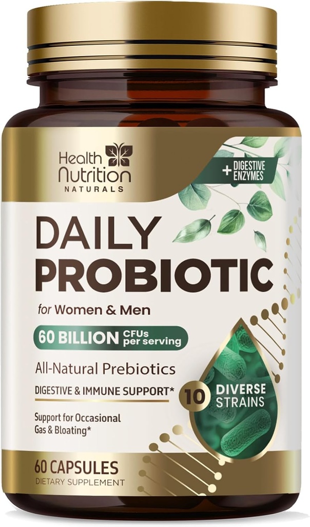 Probiotics 60 Billion CFU + 10 Strains - Daily Probiotic Lactobacillus Blend for Immune, Digestive & Gut Health Support, Prebiotics and Probiotics, Gas & Bloating for Women & Men - 60 Capsules