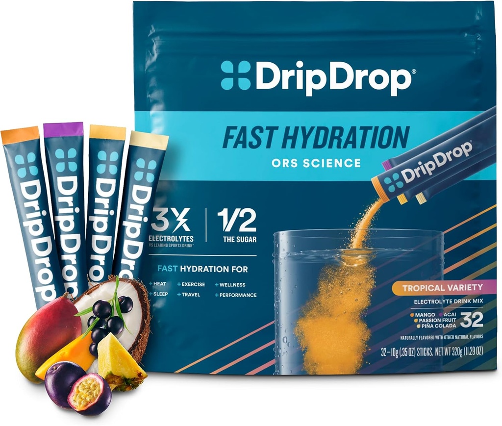 DripDrop Hydration Packets - Empaquetado de Variedad Tropical - Electrolitos de Servición Individual Powder Drink Mix - Mango, Açaí, Fruta de Pasión, Piña Colada - Sin Gluten, Vegan - 32 Sticks