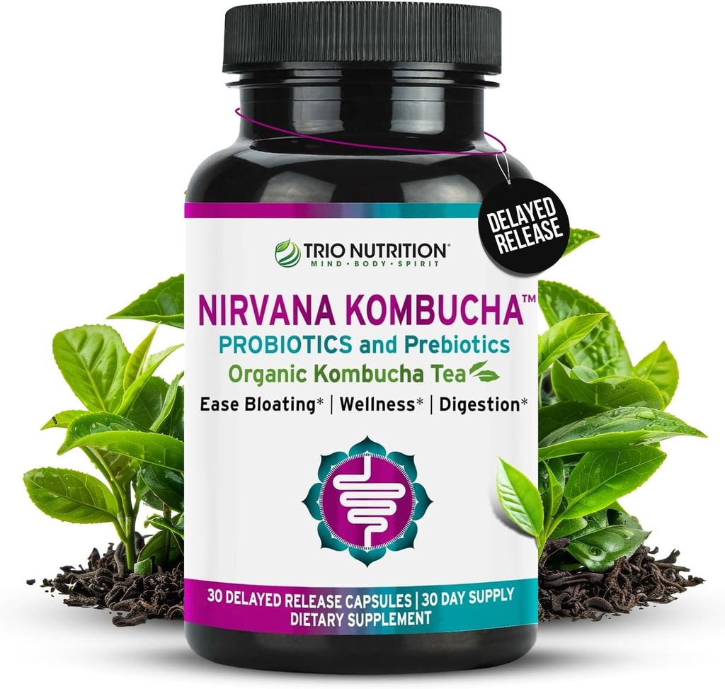 TRIO NUTRITION Nirvana Kombucha - Multi-Strain Probiotics " Prebiotic Blend with Organic Tea - Delayed-Release Capsules for Digestive " Immune Health - Bloating Relief - Natural pH Balance