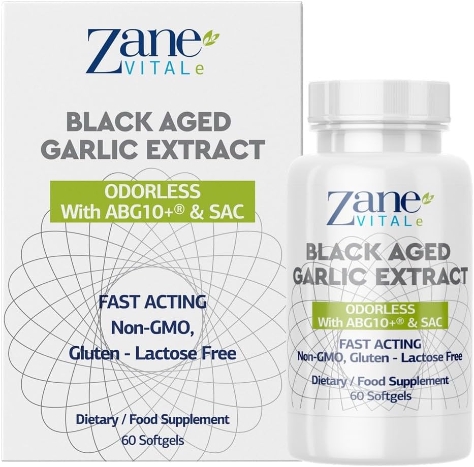 Zane - Cápsulas de Ajo Negro Envejecido - Sistema Inmune, Presión de Sangre y Apoyo a la Salud Colesteral - Menos olor - Más Eficaz que Allicin - 60 Cápsulas No GMO, Gluten - Lactose – Paraben Gratis.