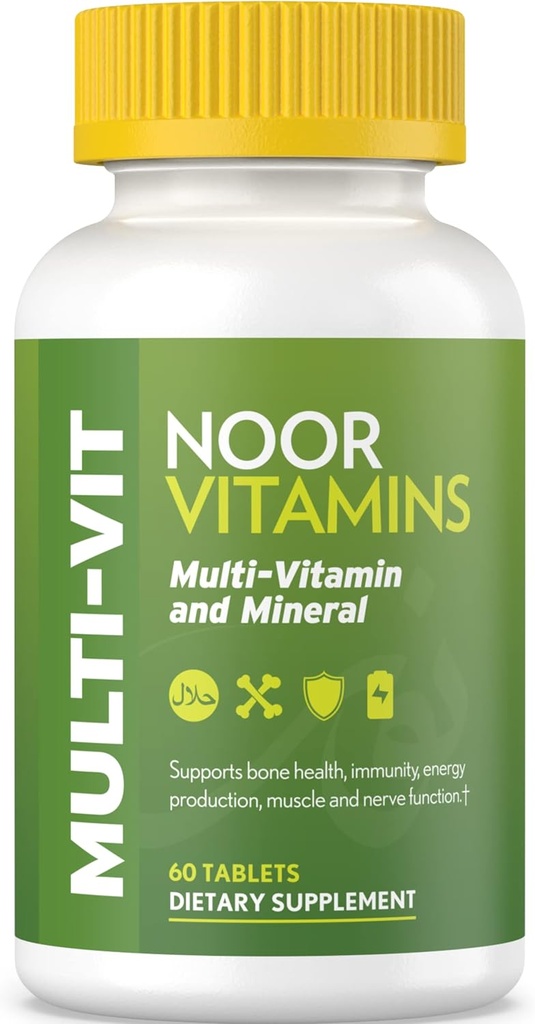 Vitaminas de noor Vitaminas Halales, Multivitamina diaria, Vitamina Halal para Mujeres y Hombres, 30 Vitaminas &amp; Minerales, A, B12, C, Hierro, Zinc para apoyar la salud general, No GMO, Multivitamina Halal (2 Mes de Suministro)