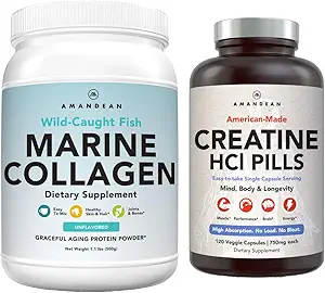 AMANDEAN Premium Creatine HCl & Marine Collagen Bundle. USA-Made CON-CRET. 7X Concentrated. Proteína de Collagen de pescado hidrolizado salvaje. Apoyo recuperación & Lean Muscle. Skin saludable