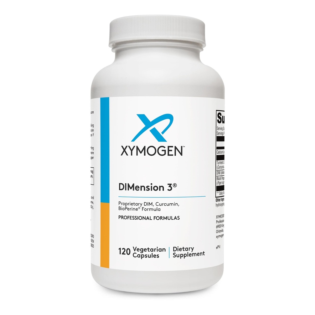 XYMOGEN Dimension 3 - Diindolylmetano DIM Suplemento con Curcumin + BioPerine - Apoyos Estrógeno Saludable Detox, Saldo hormonal para Mujeres y Hombres - Alivio de la menopausia + Soporte PMS (120 cápsulas)