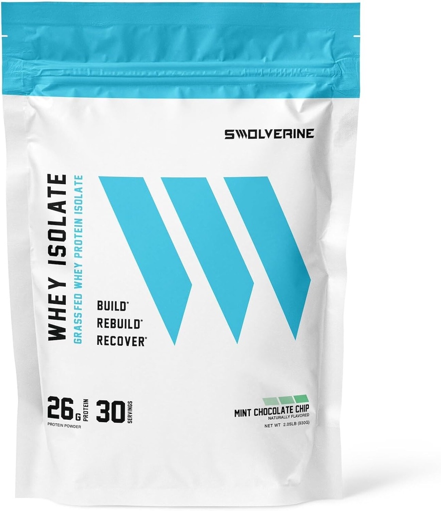 Swolverine Whey Protein Isolate ¦ 26g Protein, Grass-Fed rBGH Gratis, No-GMO, Añadido Digestive Enzymes (30 Servings, Mint Chocolate Chip)