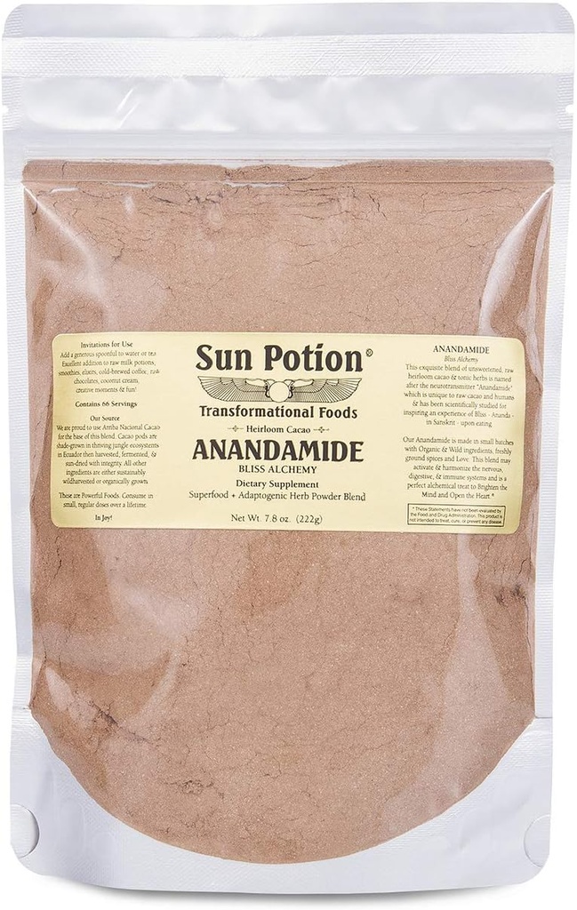 Anandamide Orgánica 222g por Poción Sol - Raw Unsweetened Cacao Powder and Tonic Herbs - Incluye Tocos Ashwagandha Reishi Maca Moringa Turmeric Astragalus Cayenne Cinnamon y Otros