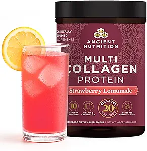 Nutrición antigua Péptidos de colágeno hidrolizado Polvo con Probióticos, Limonada de Fresa Proteína multi colágeno para Mujeres y Hombres con Vitamina C, 45 Servimientos, Apoyos Esquí y uñas, Salud Gut, 18