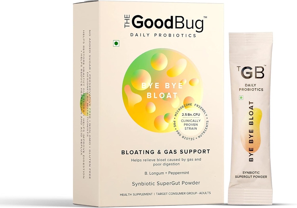 Prebiótico + Probiótico Gut Health Bloating Relief for Men &amp; Women - Ayuda con Gas, Bloat &amp; Digestive Health - Inmunidad con Peppermint &amp; Inulin, Synbiotic Fiber Powder, 2.5 Bn CFU - 30 Days Pack