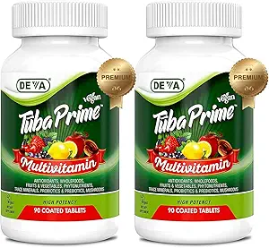DEVA Tuba Prime Vegan Multivitamínico de alta potencia Vitamina y suplemento dietético mineral Antioxidantes, Frutas y Hortalizas, Super hongos, Probióticos, Prebióticos, Semillas, Herbs - 90 Tabs, 2-Pack