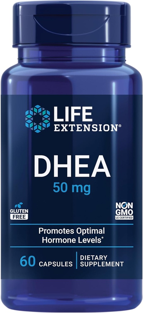 Extensión de vida DHEA 50 mg – Suplemento de equilibrio hormonal, Memoria, Masa muscular y Densidad de Hueso, Saludable Sex Drive, Libre de gluten, No GMO, 60 cápsulas