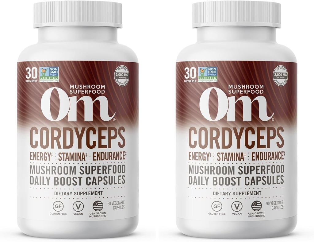 Om Mushroom Superfood Cordyceps Mushroom Capsules Superfood Supplement, 90 Count, 30 Days, Energy, Power, Stamina and Endurance Support, Superfood Supplement for Sports Performance (Pack of 2)