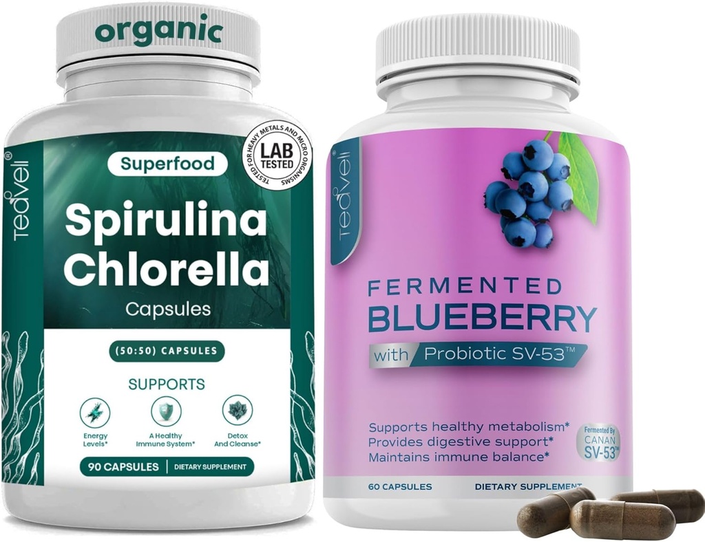 Teaveli Spirulina Chlorella y Blueberry Capsules
