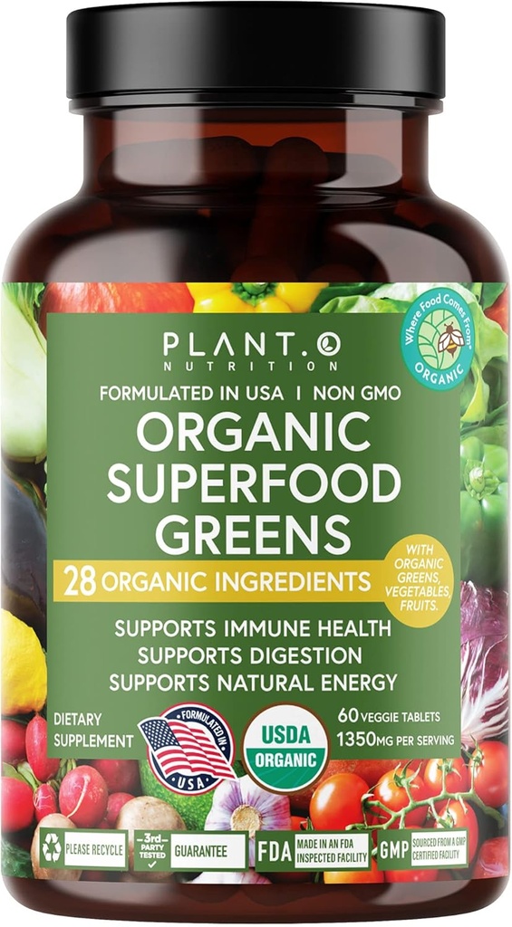 Planta.O Ecológico Super Verdes [Fruit & Veggie Suplemento] Alta Absorción Antioxidantes de polvo verde con Alfalfa, Hoja de remolacha, Cereza de tarta para soporte de inmuno, Gut Health, Energía, 60 tabletas de verduras