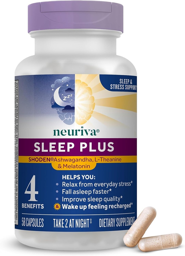 NEURIVA Sleep Plus con 4-en-1 Beneficios - Clínicamente testado Ashwagandha, L-Theanine &amp; Melatonin - Reducir el estrés, Fall Asleep Faster, Mejorar la calidad del sueño, Despertar Refreshed*, 58ct Capsules