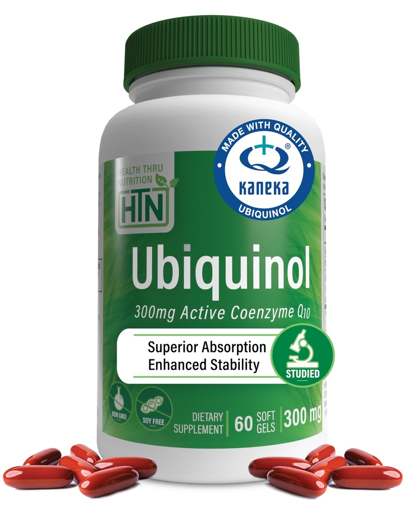 Health Thru Nutrition Ubiquinol 300mg 60 Softgels as Kaneka QH Reduced CoQ-10 | Stabilized - 3rd Party Tested | Enhanced Bioavailability | Cardiovascular & Mitochondria Function Support | Non-GMO