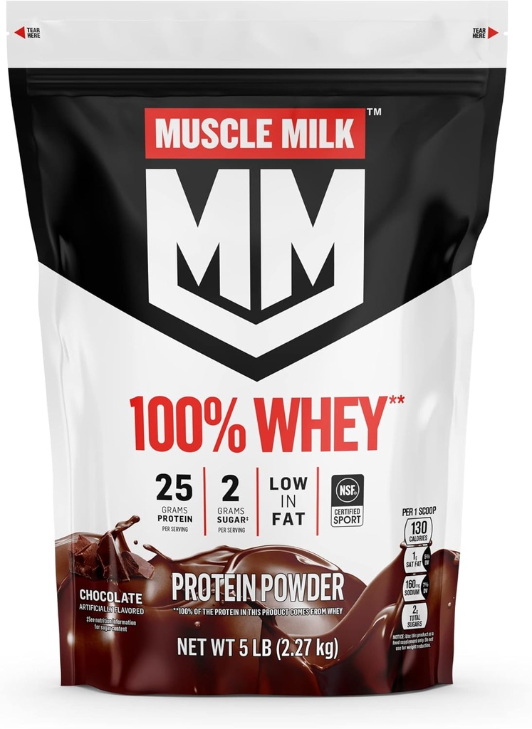 Muscle Milk 100% Whey Protein Powder, Chocolate, 5 libras, 66 piezas, 25g Protein, 2g Sugar, Bajo en grasa, NSF certificado para el deporte, Energizing Snack, Workout Recovery, Packaging May Vary