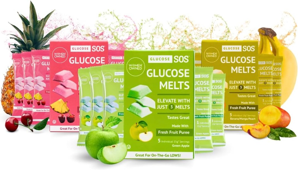 Glucose SOS Melts Hecho con Dextrose Powder Natural Fruit Puree Sugar, Como Tabs de Glucose, Tablas de acción rápida que se funden con 15 Servimientos individuales de 15g de 3 Sabores diferentes