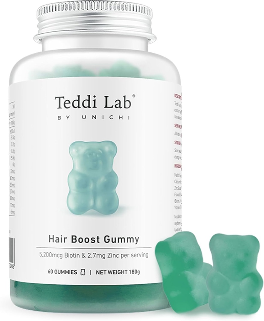 Unichi Hair Growth Gummies, 5200mcg Biotin Formulado con Zinc, ácido pantoténico y vitamina A, C, E para el cabello más fuerte y delgado para las mujeres, (60 Cuenta)
