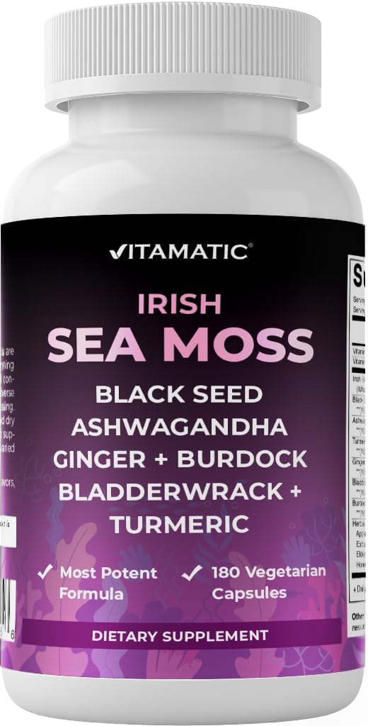 Vitamatic Sea Moss with Black Seed Oil, Ashwagandha, Turmeric, Bladderwrack " Burdock - 180 Vegan Capsules