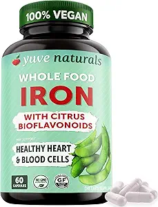 Yuve 100% Vegan Whole Food Chelated Iron Supplement 18mg – Tasteless, Non-Constipating, Gentle on Stomach, Energy Support – Gluten-Free, Non-GMO, 60 Capsules