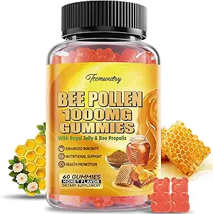 Bee Pollen 1000MG Gummies with 500MG Royal Jelly & Bee Propolis, Sugar Free Bee Pollen Supplement Rich in Vitamin C &amp; E, Vegetarian, Non-GMO, Gluten Free, Support Immunity & Skin Health