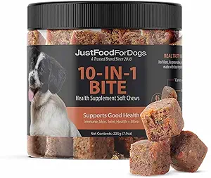 JustFoodForDogs 10-in-1 Multifunción Suplemento Ajillas para perros, superalimentos Blend, Glucosamina, Omega-3 ácidos grasos, salud de la piel, salud conjunta, probióticos, base vegetal, grado humano - 45 conteo