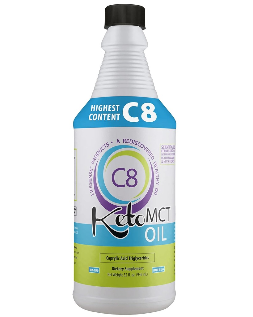 LifeSense C8 MCT Aceite, Keto-Friendly, proveniente del aceite de coco, probado clínicamente para aumentar la producción de cetona, combustible óptimo para el cerebro y el cuerpo, hecho en EE.UU. por PhD Nutrition, 32 oz