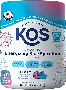 KOS Energizing Blue Spirulina Blend - USDA Certified Organic - B Vitaminas, Ashwagandha, Ginseng, Adaptogens, Biotin - Vegan Pre Workout Powder - Caffeinated, Berry Flavored, 28 Servings