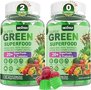 Super Greens Gummies, Greens Superfood Powder Alternative w/Spirulina, Clorella, Prebiotic Fiber, Probiotic, Fruit Veggie, Daily Fruit Vegetable for Digestive " Gut Health, Immunity, Focus, 120 Cts