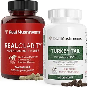Real Mushrooms RealClarity (60ct) and Turkey Tail (90ct) Capsules Bundle - Mushroom Supplement for Mental Clarity, Focus &amp; Immune Support - Vegan, Non-GMO, Verified Levels of Beta-Glucans