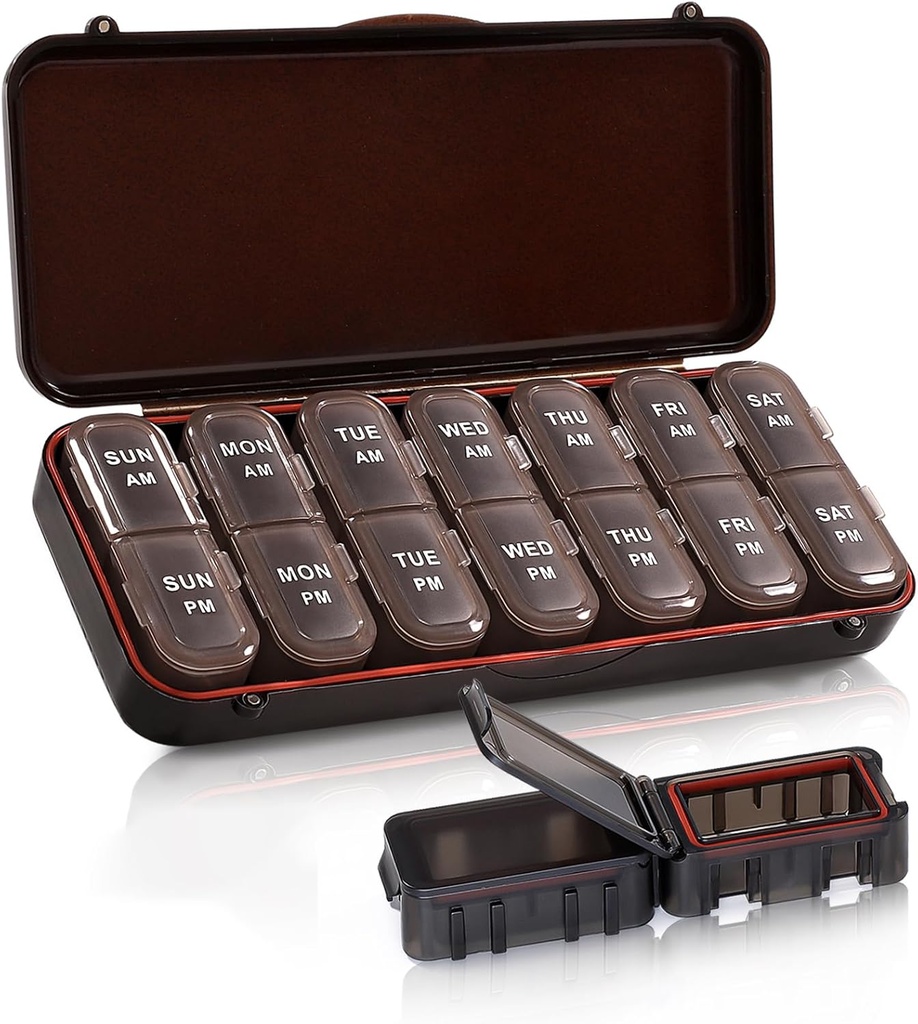 Organizador de píldoras 2 veces al día, Caso semanal de viaje para vitaminas, aceites de pescado + 2 Cajas de comidas desmontables (Brown)