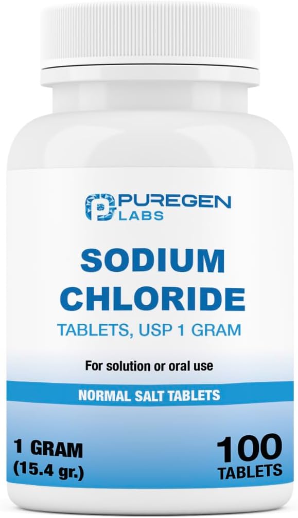 Puregen Labs Sodium Chloride Tablets 1 gm (1000 mg), USP TEN (15.4gr.) TENIDO 100 Conteo TENIDOS Tablas de Sal Normal TENIDO EN EE.UU.