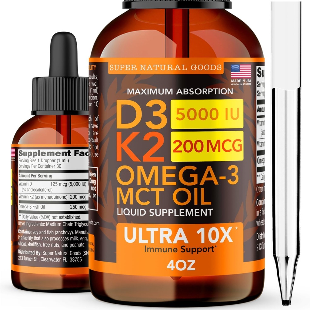 Vitamina D3 K2 Liquid Drops 5000 UI (4oz) Maximum Strength Vitamin D, K, MCT Oil & Omega 3 Bone, Heart, Joint, Muscle Support Suplemento. Fast Absorption Fórmula 4 en 1 Complejo Fórmula No GMO