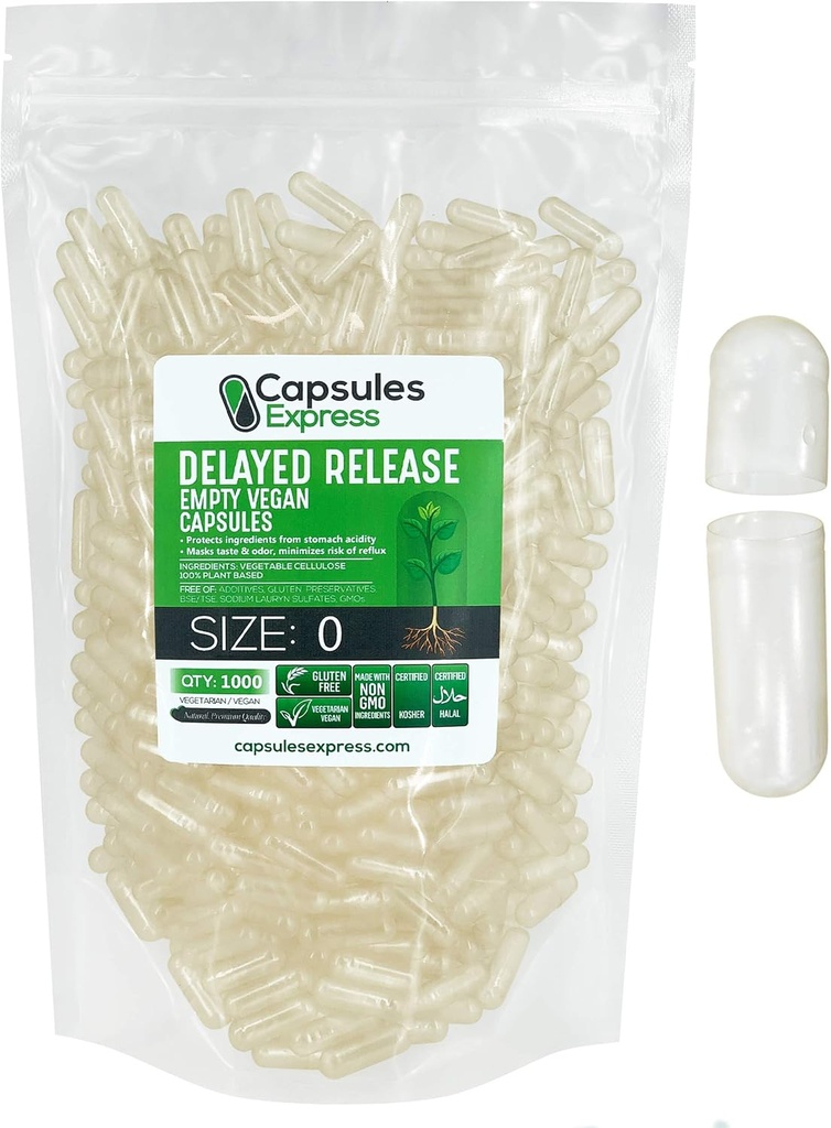 XPRS Nutra Delayed Release Size 0 Empty Capsules - 1000 Count Clear Empty Vegan Capsules - Vegetarian Pills - DIY Vegetable Capsule Filling - Fillable Veggie Gel Caps for Do-It-youself Supplements