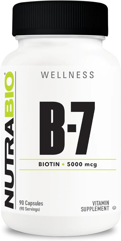 NutraBio Biotin (Vitamin B-7) Suplemento, 5000mcg - May Help Promote Healthy Hair, Skin, and Nails, 90 cápsulas vegetales