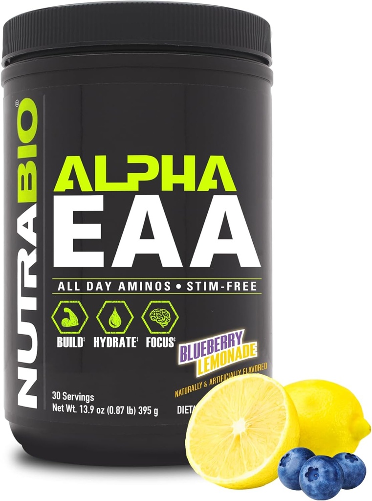 NutraBio Alpha EAA - Aminoácidos de todo el día para el crecimiento muscular y la hidratación - Aminoácidos esenciales con nootrópicos " Adaptógenos- Espectro completo EAA BCAA Polvo - 30 Servimientos - Blueberry Lemonade