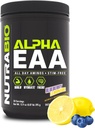NutraBio Alpha EAA - Aminoácidos de todo el día para el crecimiento muscular y la hidratación - Aminoácidos esenciales con nootrópicos " Adaptógenos- Espectro completo EAA BCAA Polvo - 30 Servimientos - Blueberry Lemonade