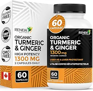 Renew Actives Turmeric Curcumin 1000MG & 200MG Ginger per 2 Capsules - Potent Antioxidant with Bioperine & Black Pepper Blend for Digestive & Liver Health - Made in Canada - 60 Capsules