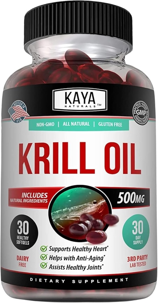 Kaya Naturals - Antártico Krill Oil 500mg con Omega 3, EPA, DHA, Phospholipids &amp; Astaxanthin Suplemento - Cerebro &amp; Salud Vitamina - Anti envejecimiento Suplemento - 30 cuenta Softgels
